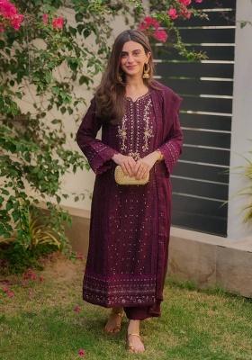 Wine Embroidery Georgette Kurta Set