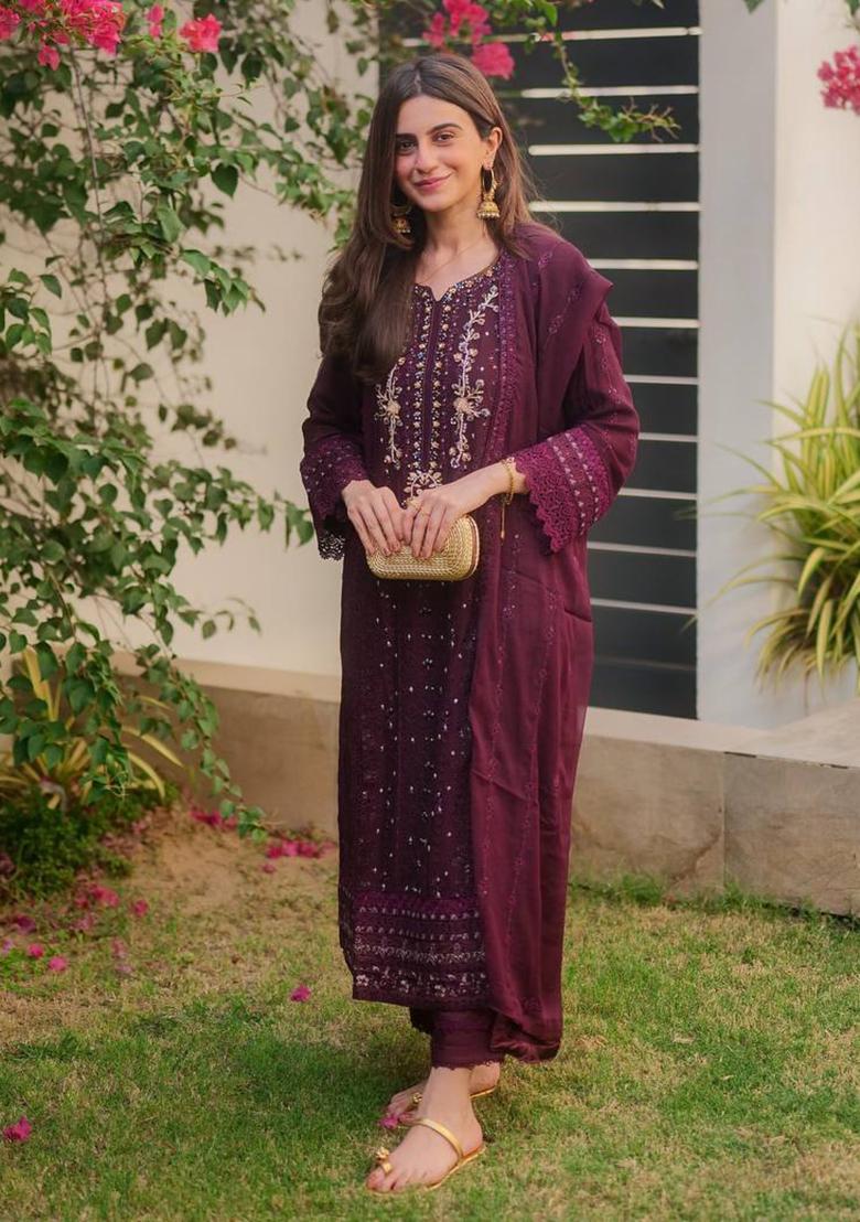 Wine Embroidery Georgette Kurta Set - Indya