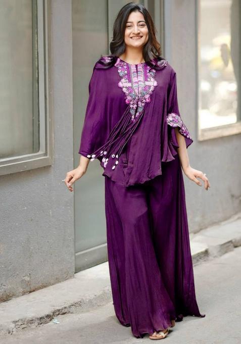 Wine Embroidery Chinon Kurta Set