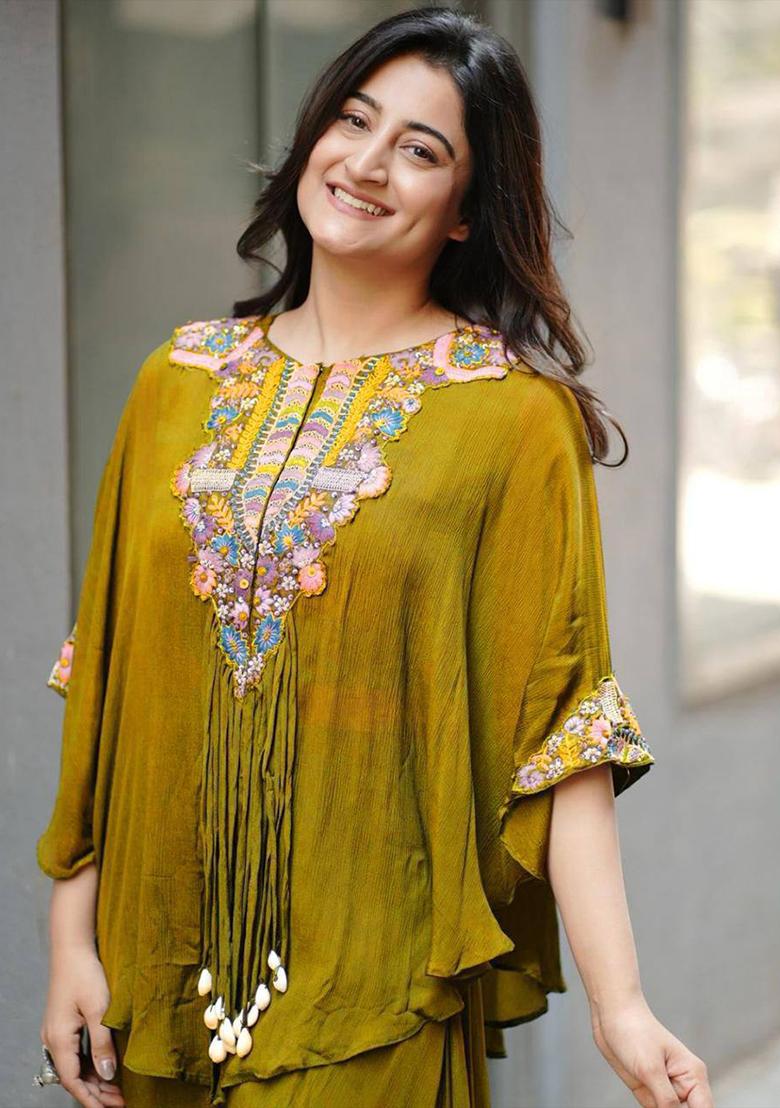Yellow Embroidery Chinon Kurta Set - Indya
