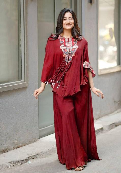 Red Embroidery Chinon Kurta Set