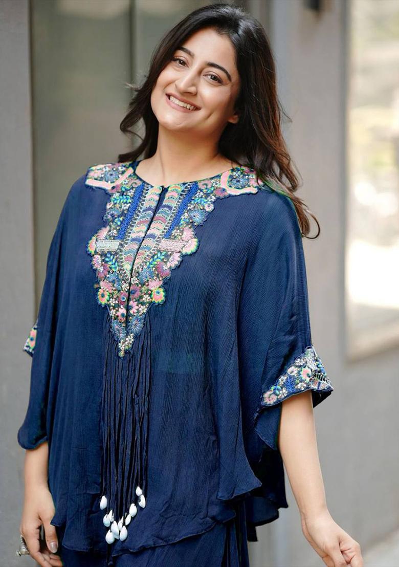 Blue Embroidery Chinon Kurta Set - Indya
