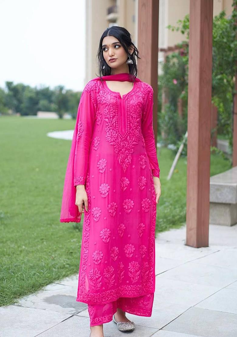 Pink Embroidery Georgette Kurta Set - Indya