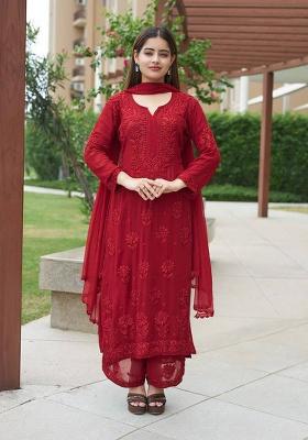 Red Embroidery Georgette Kurta Set