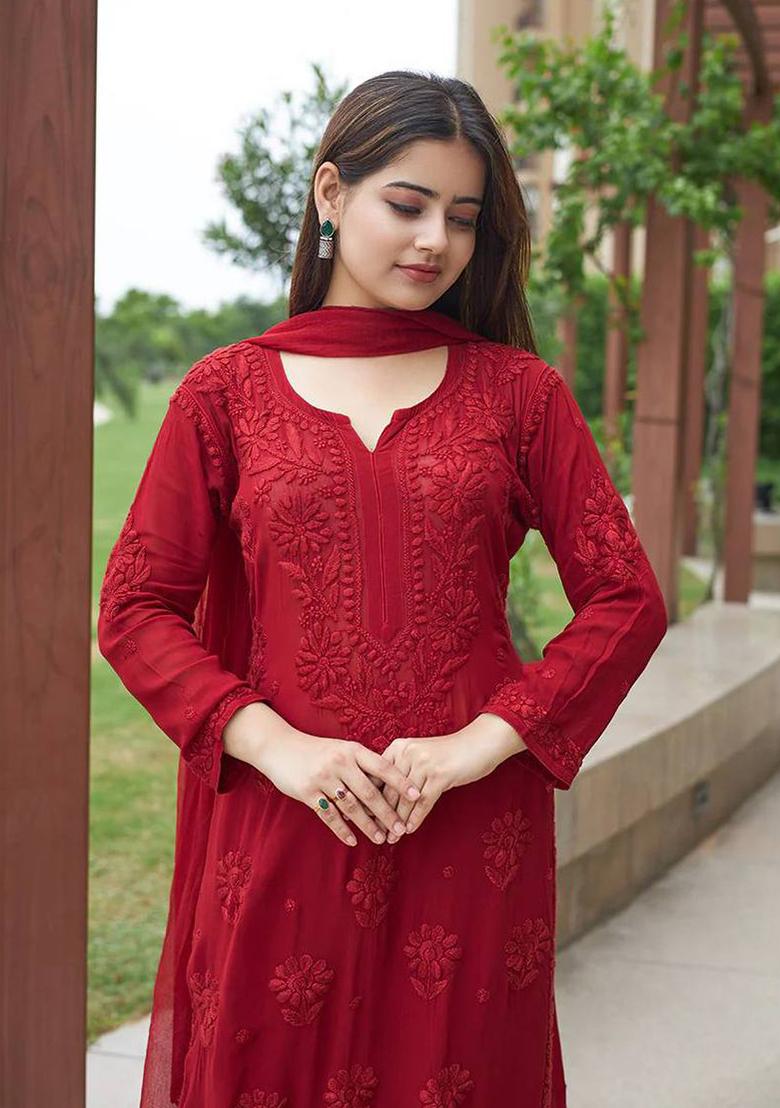 Red Embroidery Georgette Kurta Set - Indya