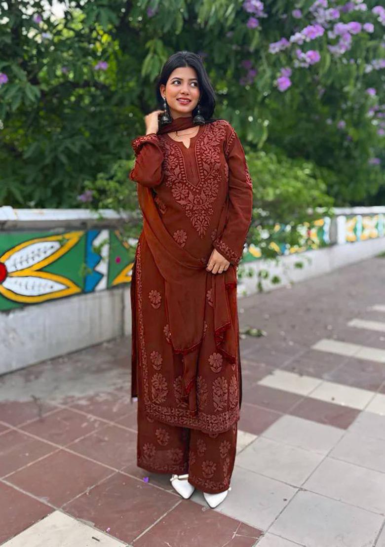 Maroon Embroidery Georgette Kurta Set - Indya