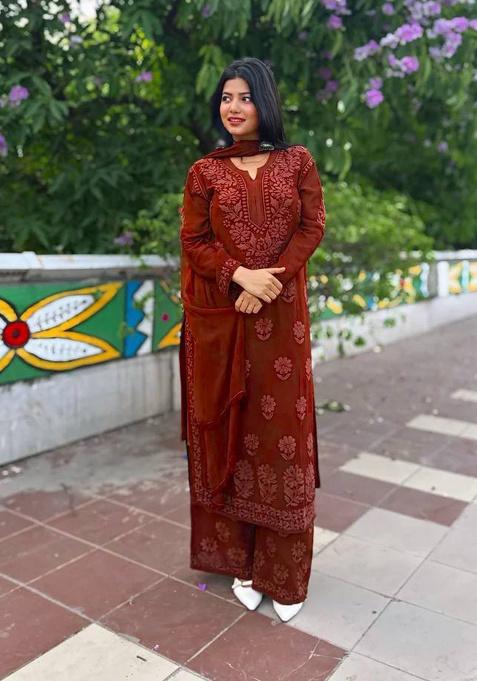 Maroon Embroidery Georgette Kurta Set