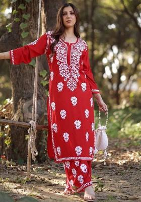 Red Embroidery Rayon Kurta Set