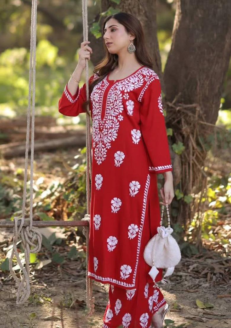 Red Embroidery Rayon Kurta Set - Indya