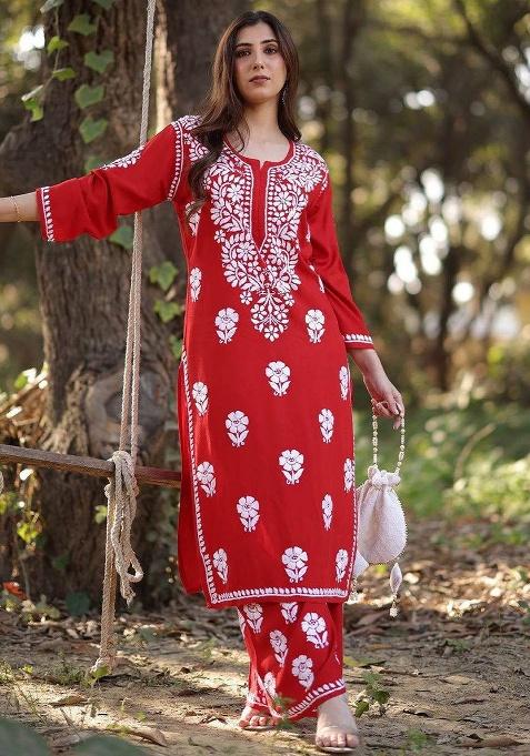 Red Embroidery Rayon Kurta Set