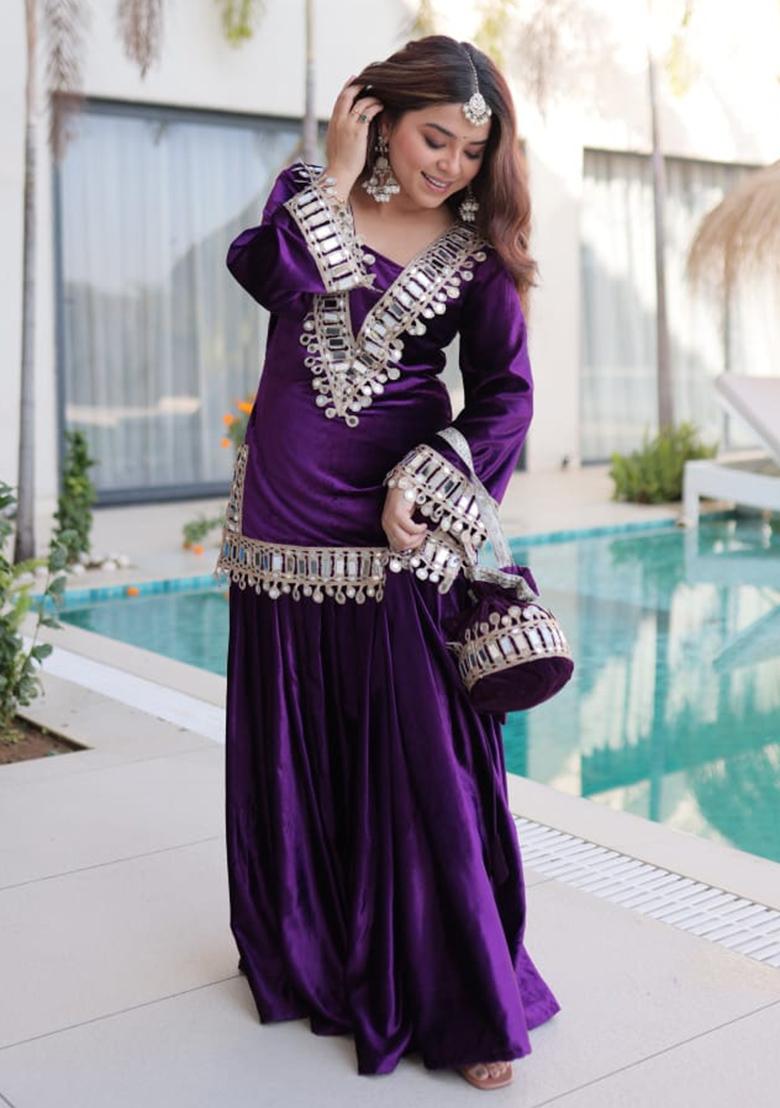 Purple Embroidery Velvet Kurta Set - Indya