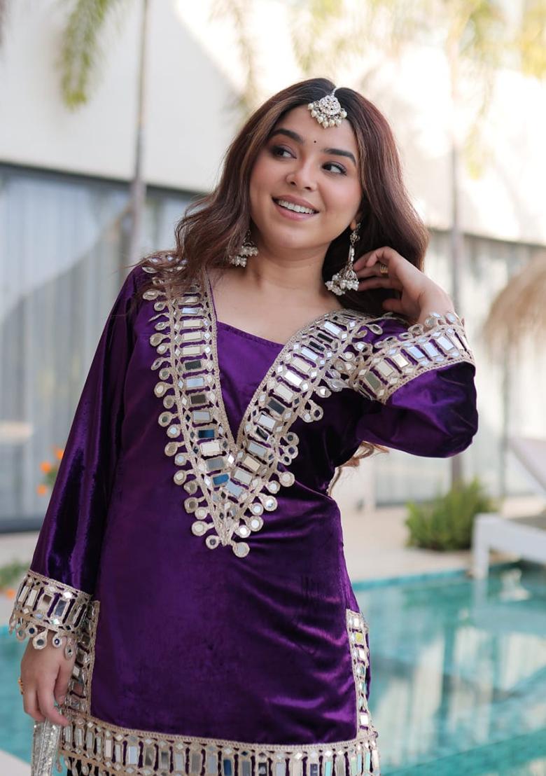 Purple Embroidery Velvet Kurta Set - Indya
