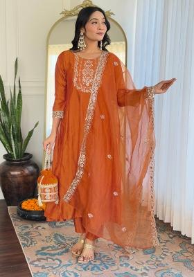 Orange Embroidery Silk Kurta Set