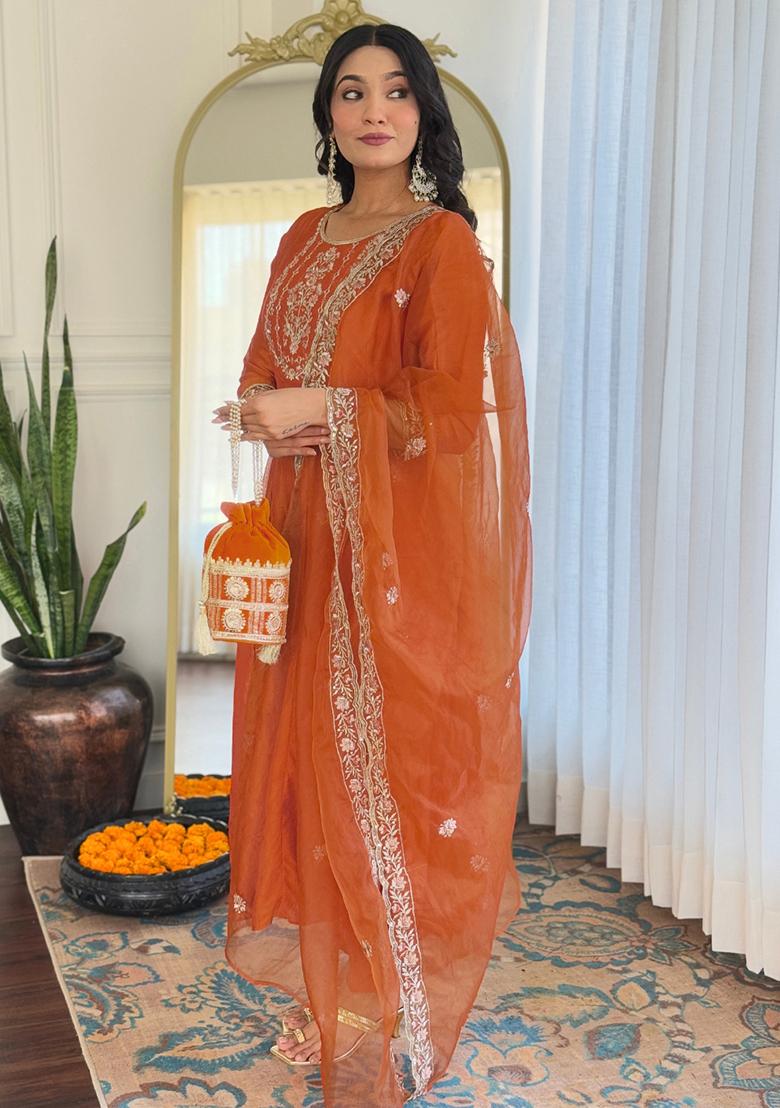 Orange Embroidery Silk Kurta Set - Indya