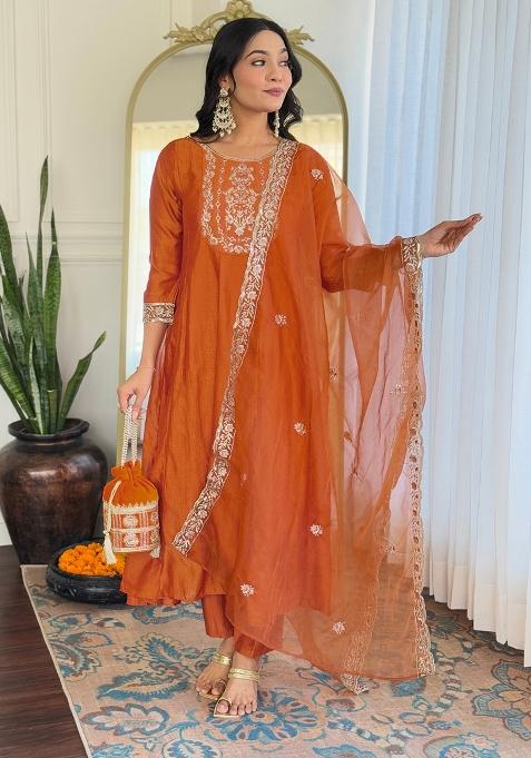 Orange Embroidery Silk Kurta Set
