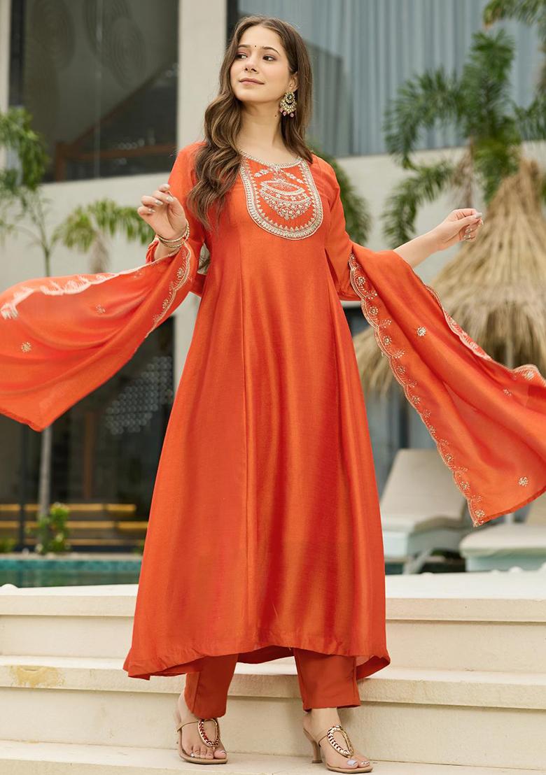 Orange Embroidery Silk Kurta Set - Indya