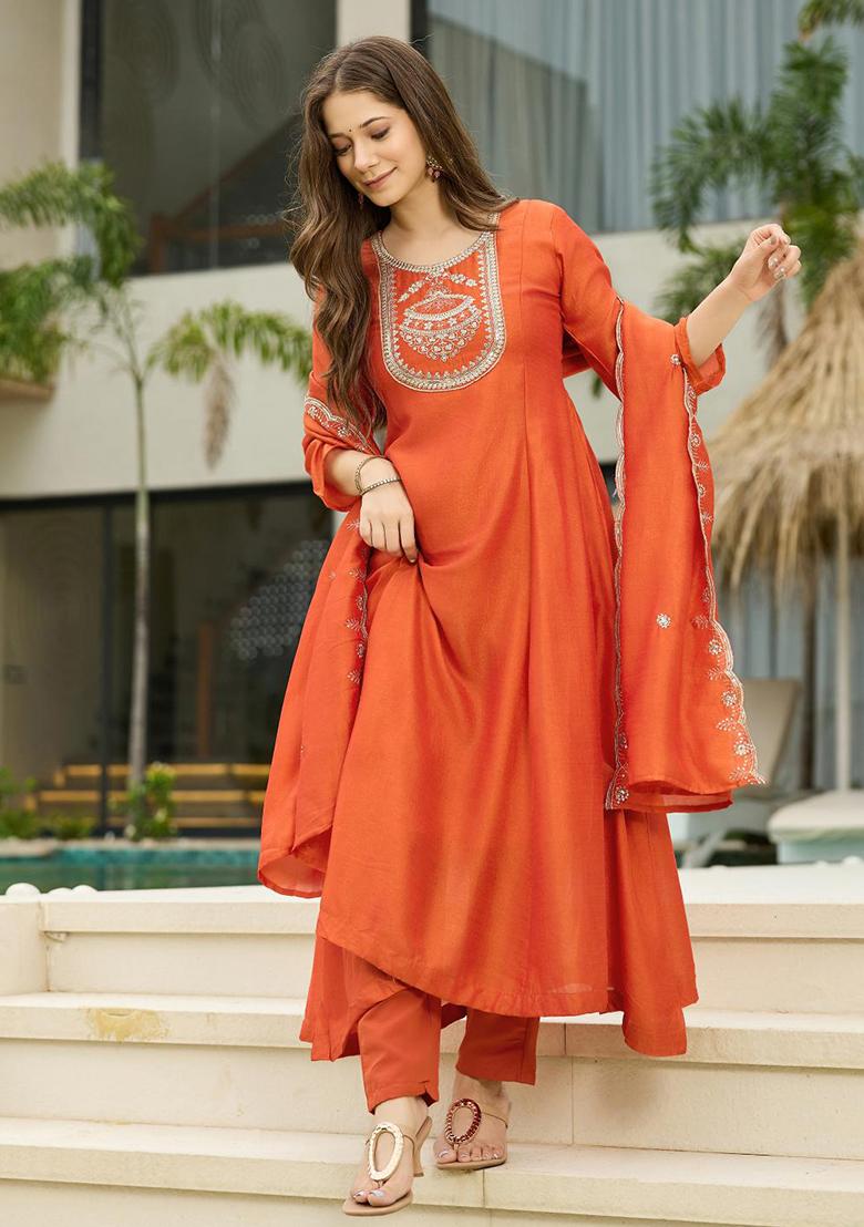 Orange Embroidery Silk Kurta Set - Indya
