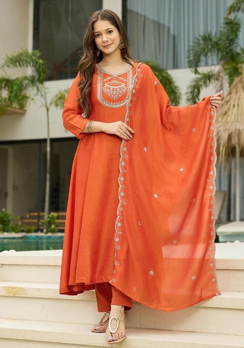 Orange Embroidery Silk Kurta Set