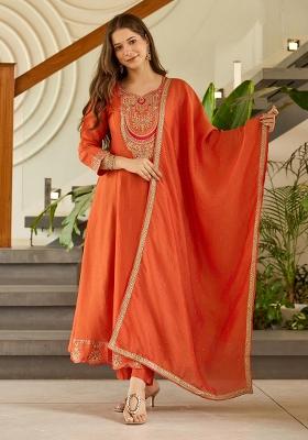 Orange Embroidery Silk Kurta Set