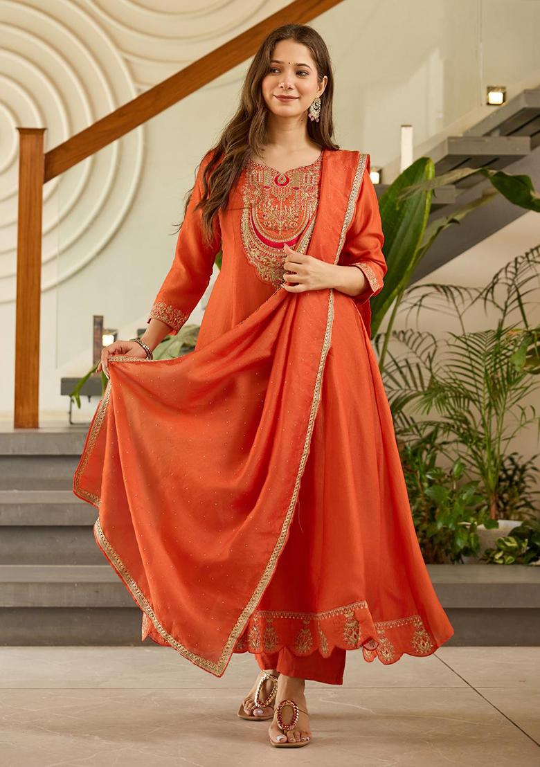 Orange Embroidery Silk Kurta Set - Indya