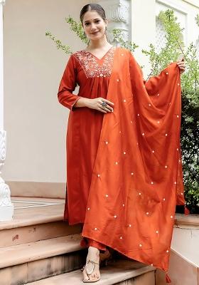 Orange Embroidery Silk Kurta Set