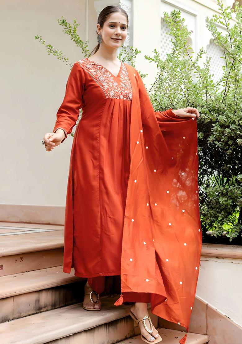 Orange Embroidery Silk Kurta Set - Indya