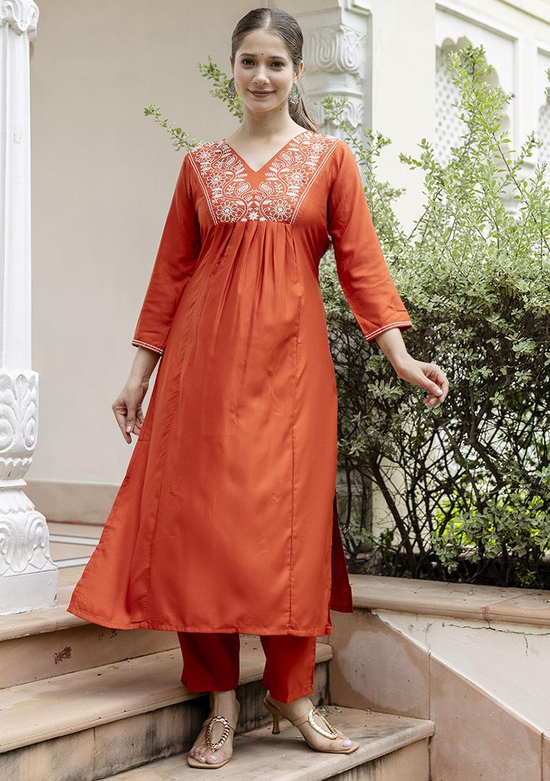Orange Embroidery Silk Kurta Set - Indya