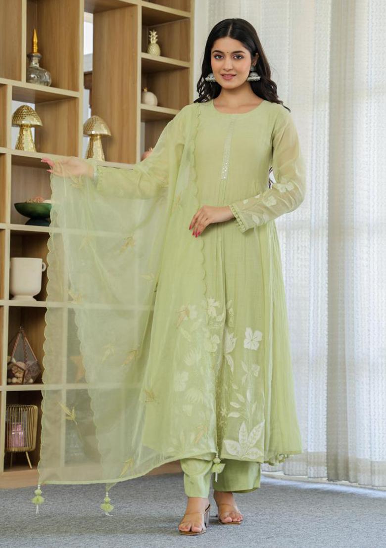 Green Embroidery Silk Kurta Set - Indya