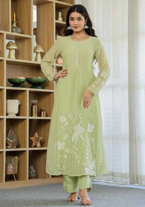 Green Embroidery Silk Kurta Set
