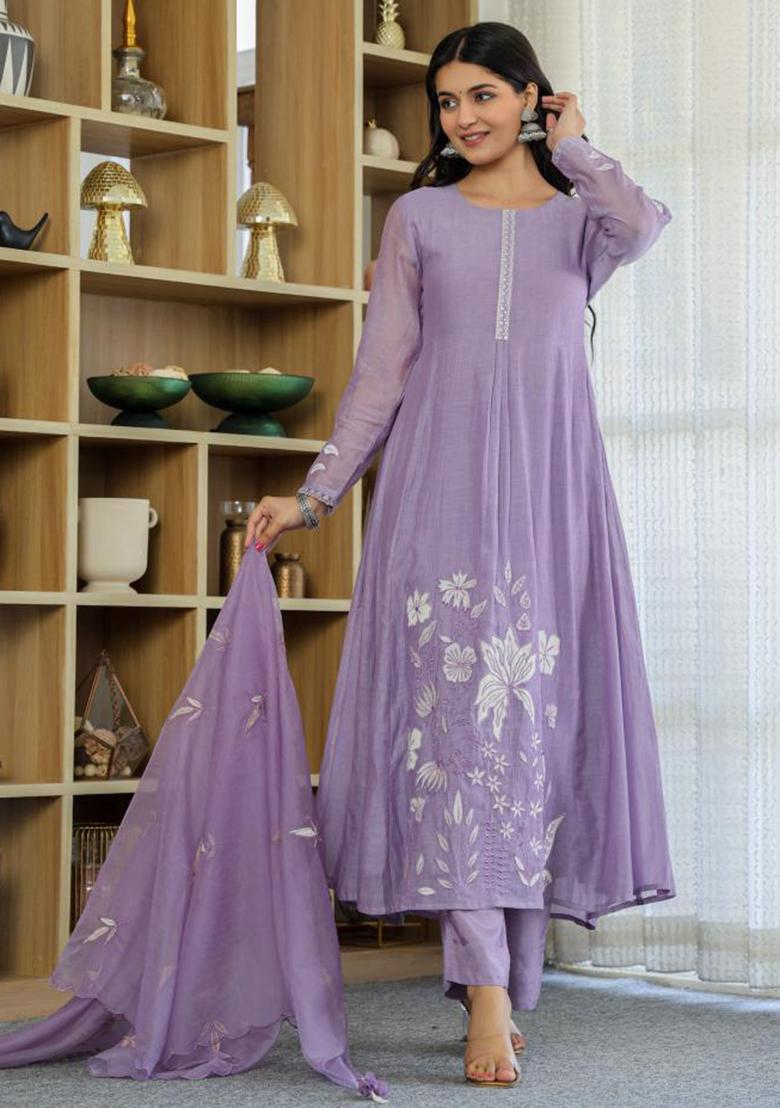 Purple Embroidery Silk Kurta Set - Indya