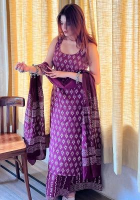 Purple Embroidery Silk Kurta Set