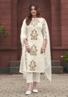 Off White Embroidery Silk Kurta Set