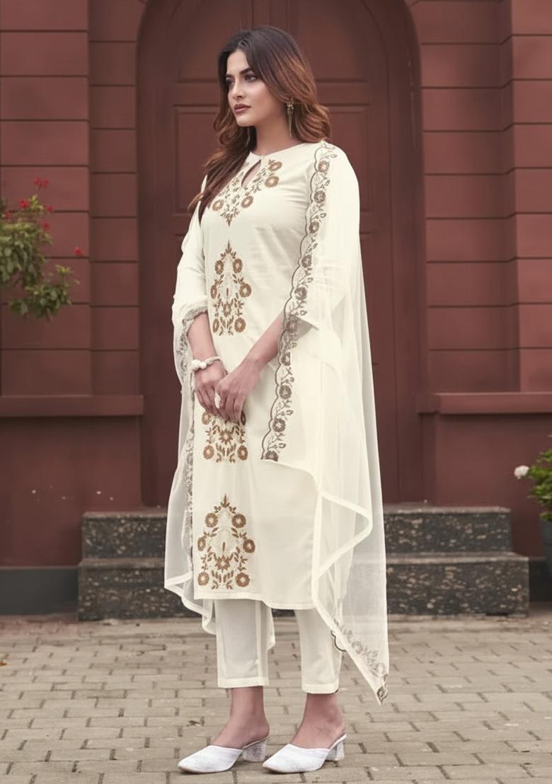 Off White Embroidery Silk Kurta Set - Indya