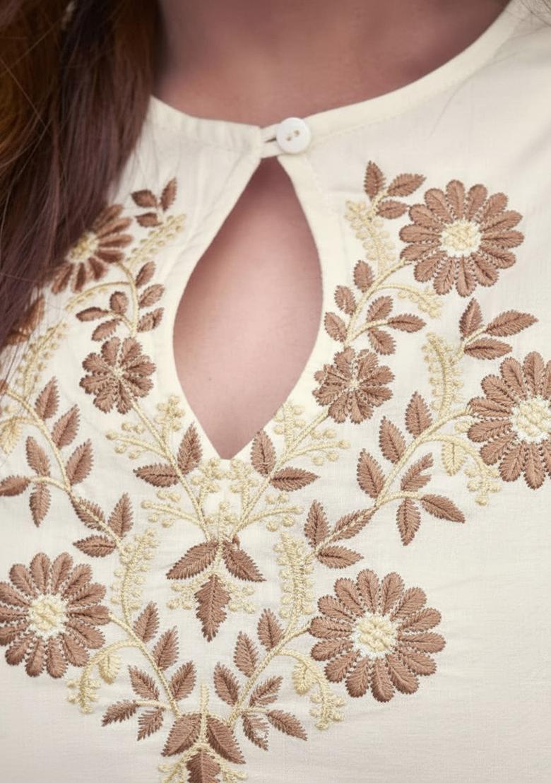 Off White Embroidery Silk Kurta Set - Indya