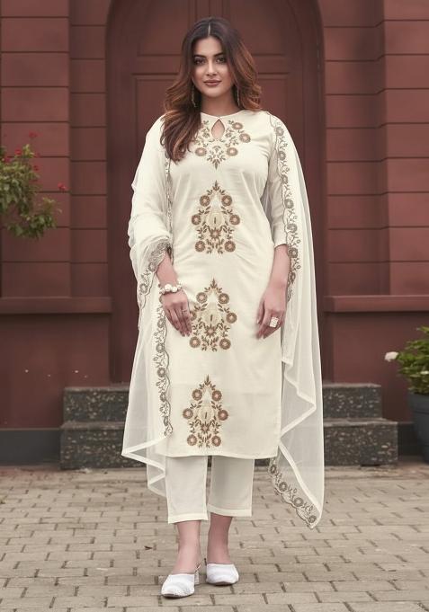 Off White Embroidery Silk Kurta Set