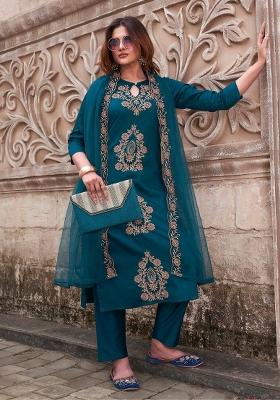 Blue Embroidery Silk Kurta Set