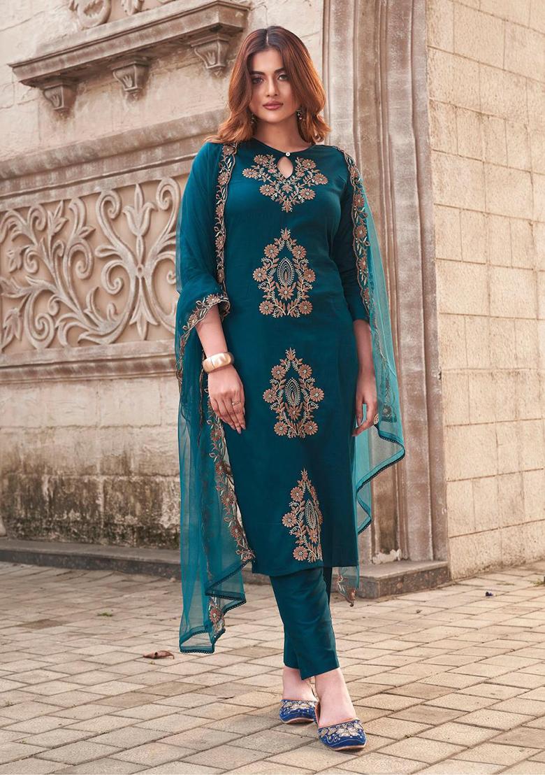 Blue Embroidery Silk Kurta Set - Indya