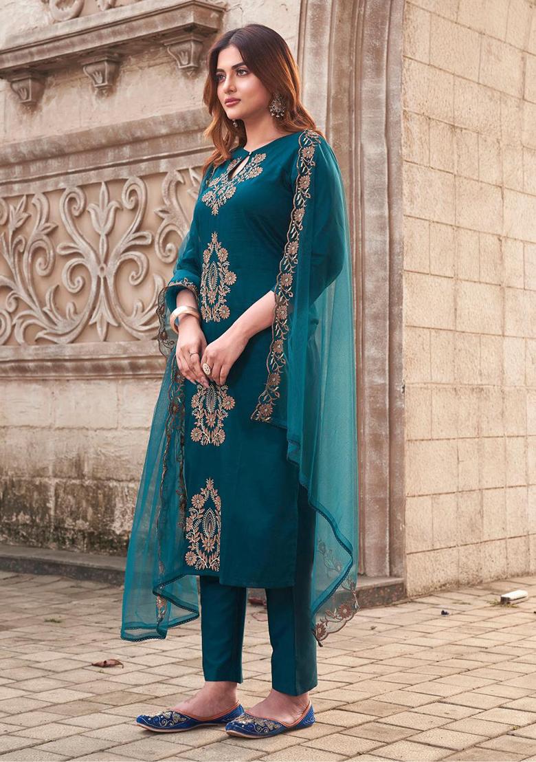 Blue Embroidery Silk Kurta Set - Indya