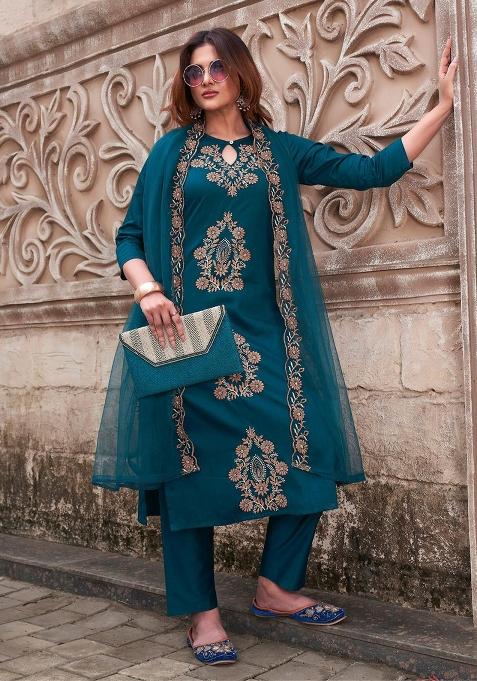 Blue Embroidery Silk Kurta Set