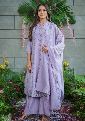 Lavender Embroidery Silk Kurta Set