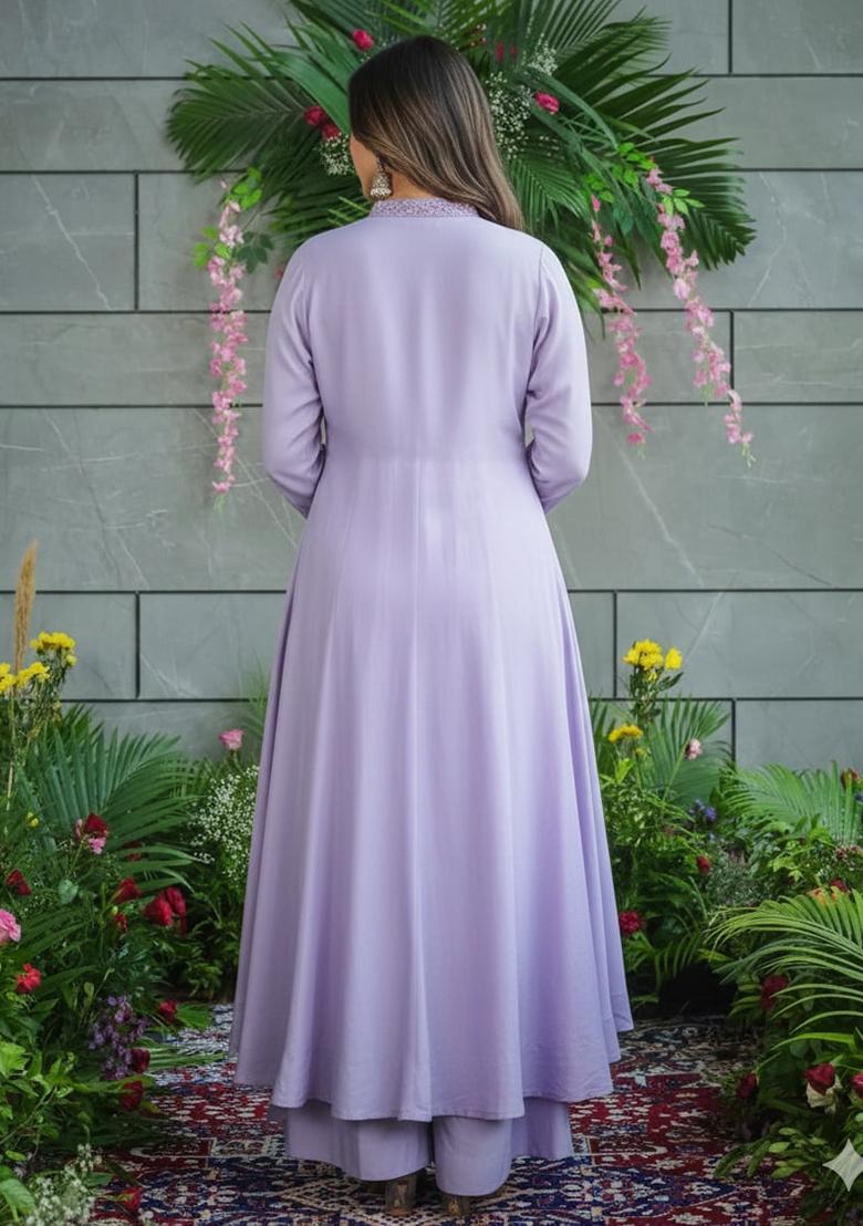 Lavender Embroidery Silk Kurta Set - Indya