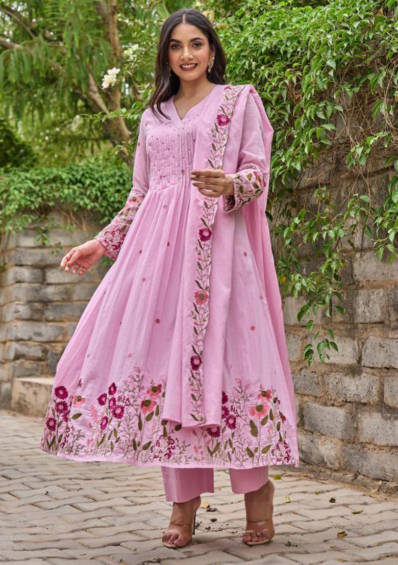 Pink Embroidery Silk Kurta Set - Indya