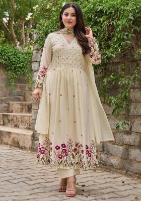 Cream Embroidery Silk Kurta Set