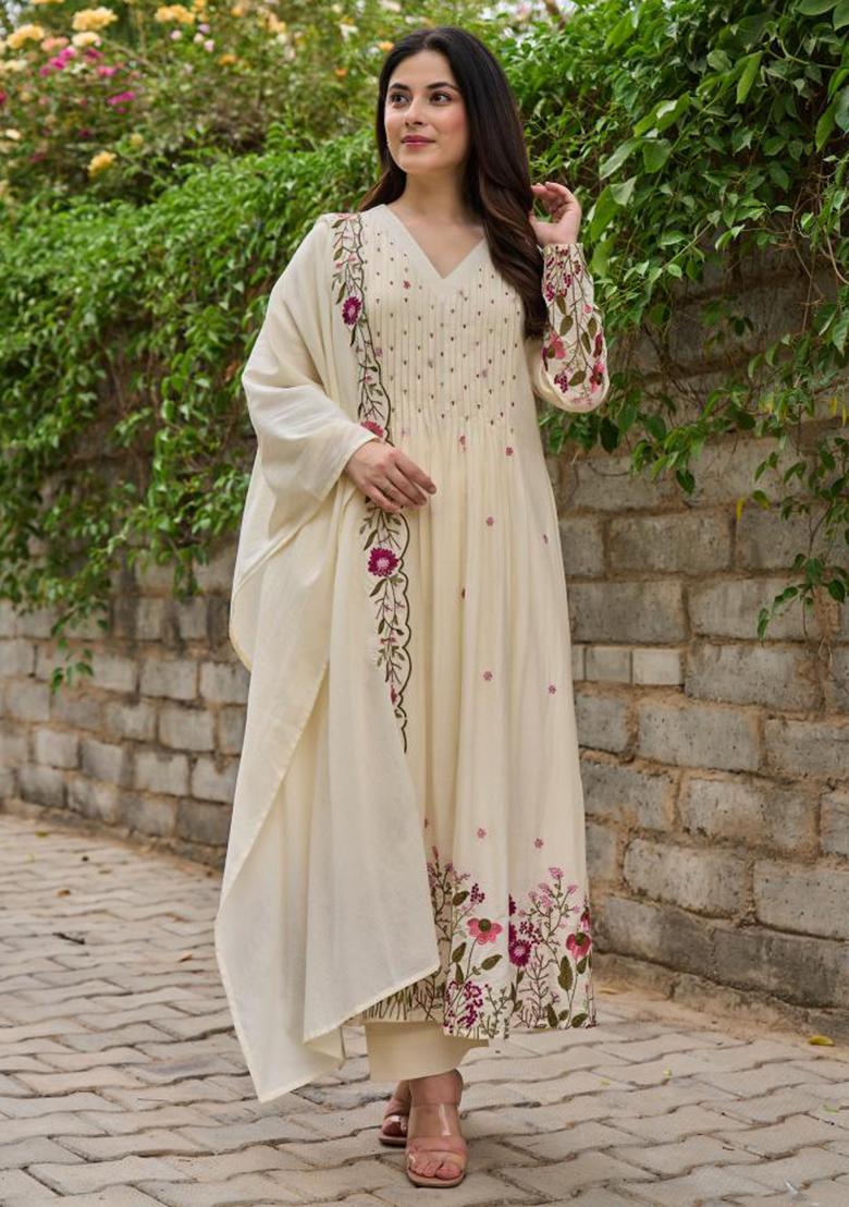 Cream Embroidery Silk Kurta Set - Indya