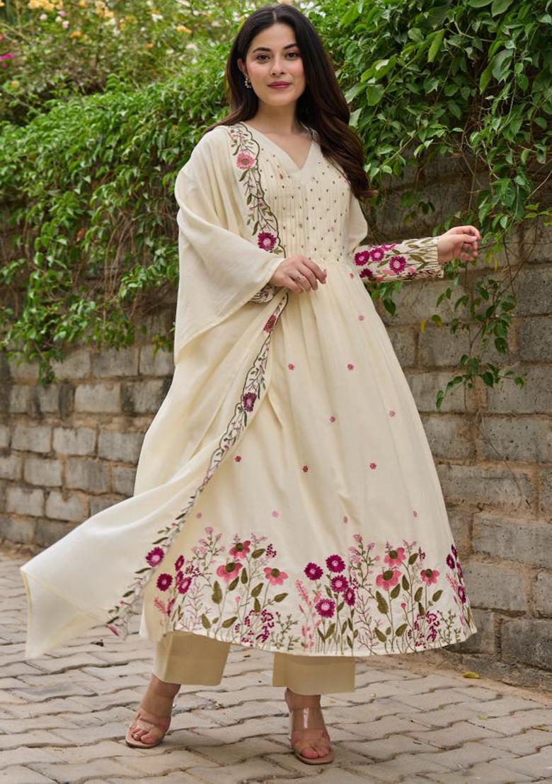 Cream Embroidery Silk Kurta Set - Indya
