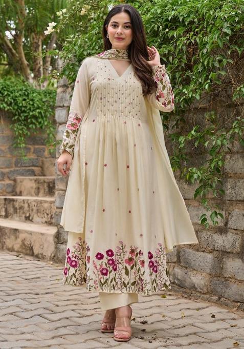 Cream Embroidery Silk Kurta Set