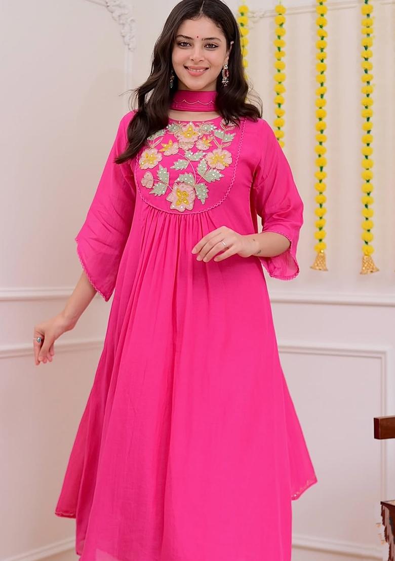 Pink Embroidery Silk Kurta Set - Indya