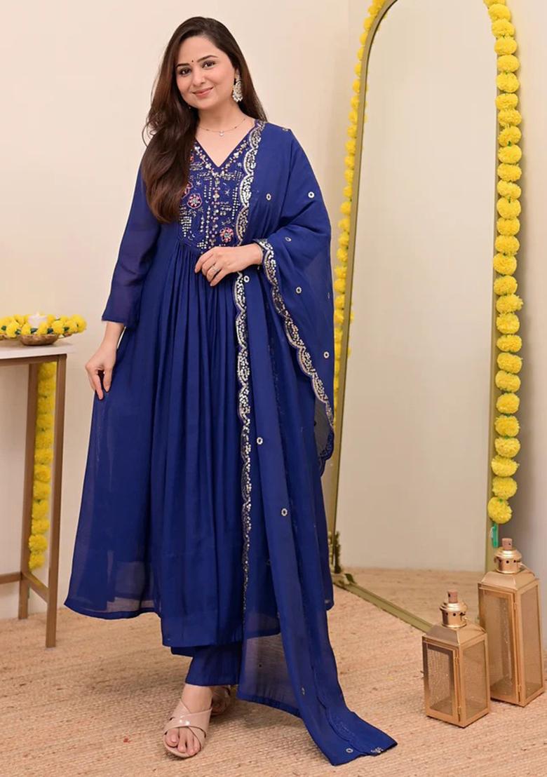 Blue Embroidery Silk Kurta Set - Indya