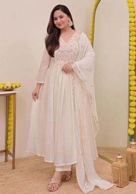 Cream Embroidery Silk Kurta Set