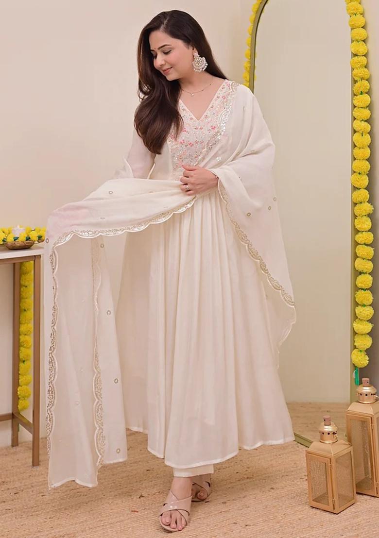 Cream Embroidery Silk Kurta Set - Indya